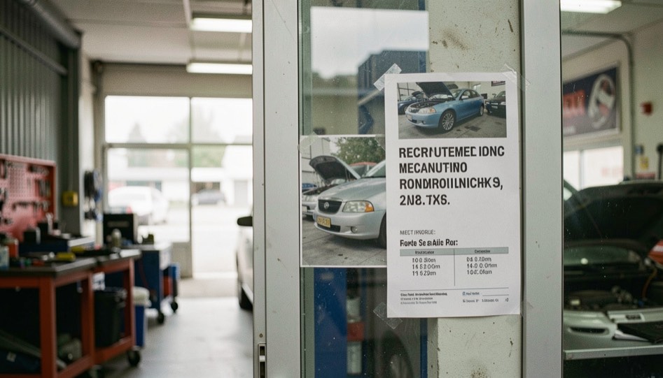Une affiche de recrutement imprimée collée sur la vitrine d’un atelier de mécanique, à côté des horaires