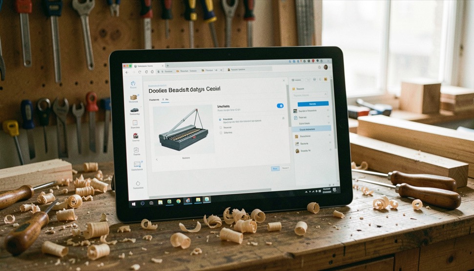 Un écran de gestion posé sur un établi d’atelier, entouré d’outils et de copeaux de bois