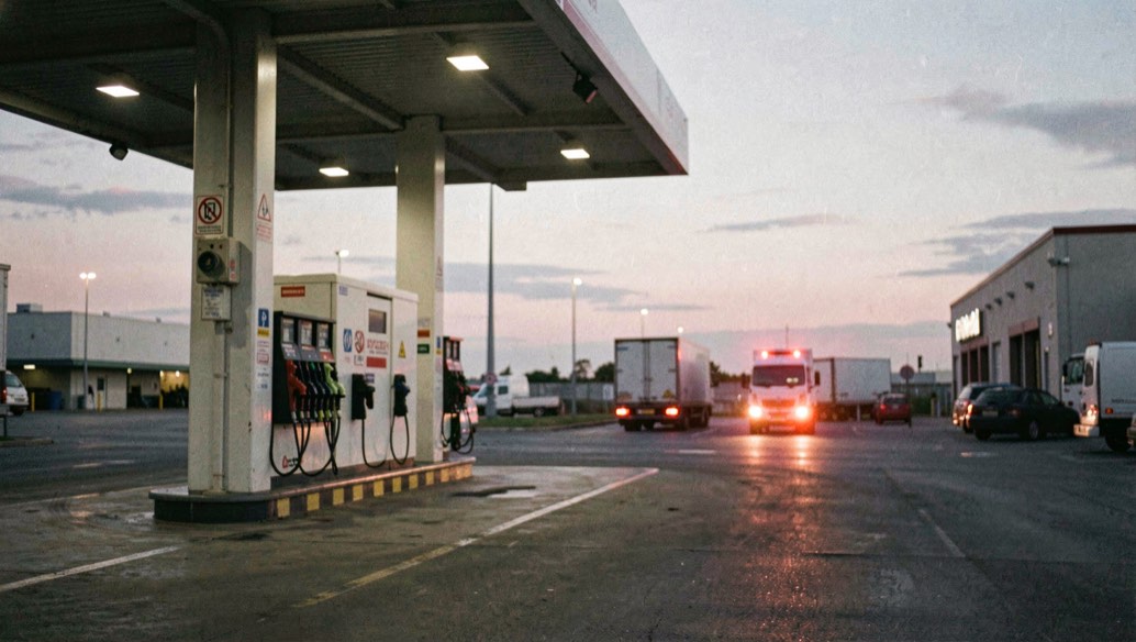 Une borne d’avitaillement pour véhicules utilitaires sur une aire logistique au crépuscule, feux arrière allumés au loin