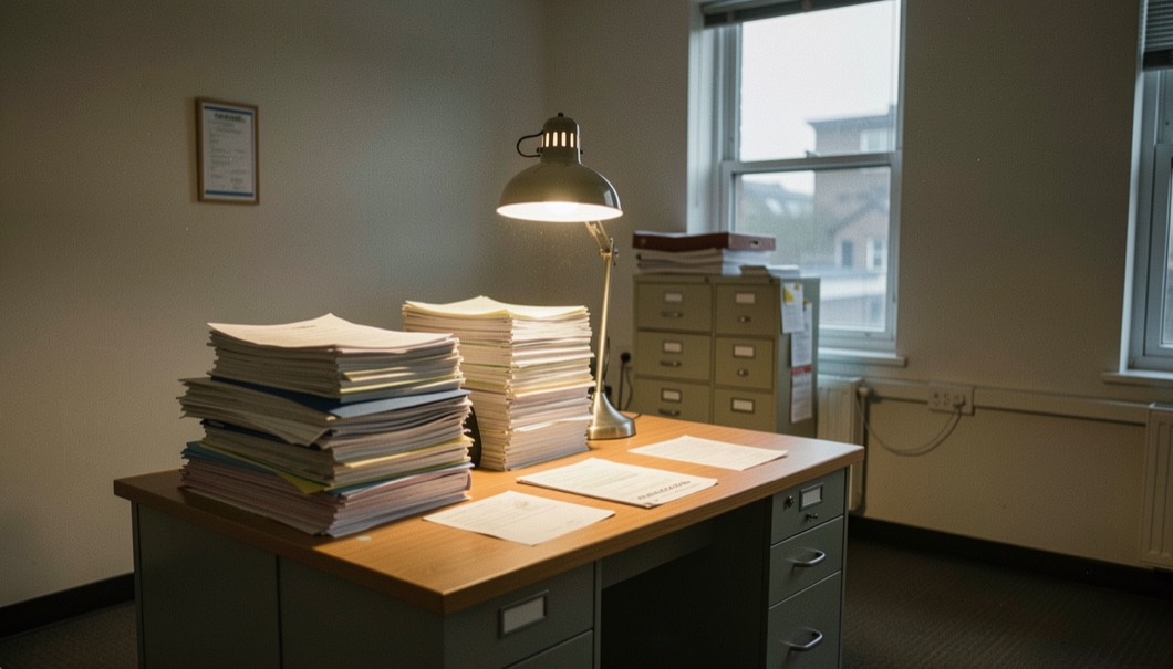 Un bureau vide en fin de soirée, une lampe restée allumée au dessus de classeurs empilés et de relevés bancaires
