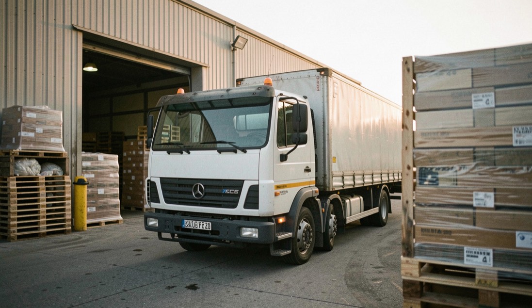 Un camion utilitaire en cours de chargement devant un dépôt au lever du jour, palettes alignées sur le quai