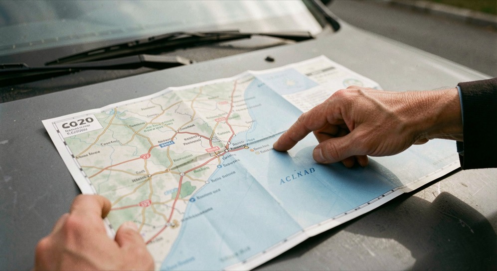 Une carte routière dépliée sur un capot de voiture, un doigt désignant une ville au bord du trait de côte