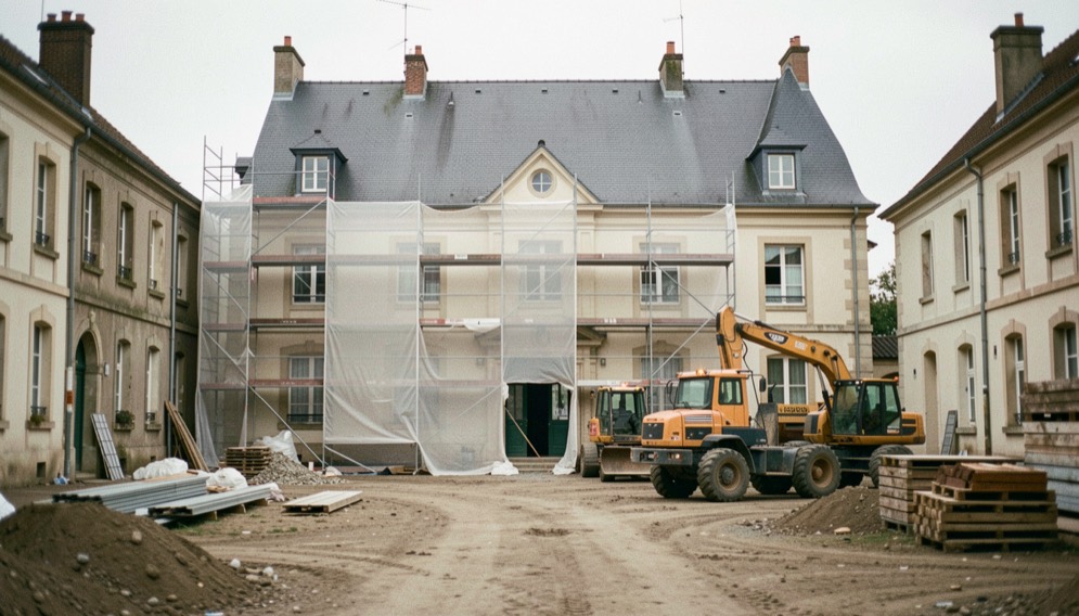 Un chantier de rénovation thermique sur un bâtiment public de centre bourg, échafaudage bâché et engins stationnés