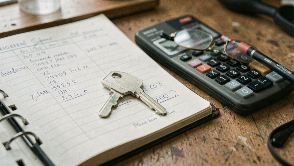 Une clé d’atelier posée sur un registre comptable ouvert, à côté d’une calculatrice et d’une paire de lunettes