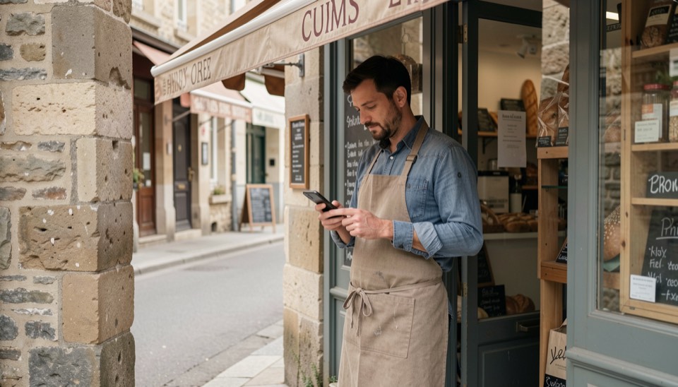 Un commerçant sur le pas de sa porte consulte son téléphone dans une rue de centre-ville au matin