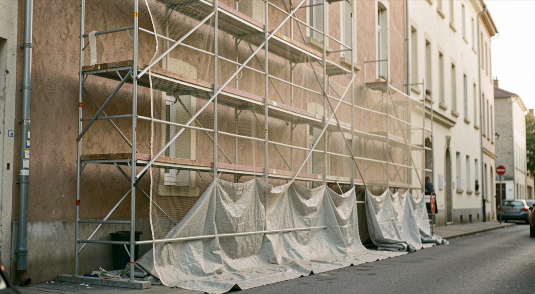Un échafaudage monté le long d’une façade en rénovation au petit matin, filets de protection tendus et bâches repliées