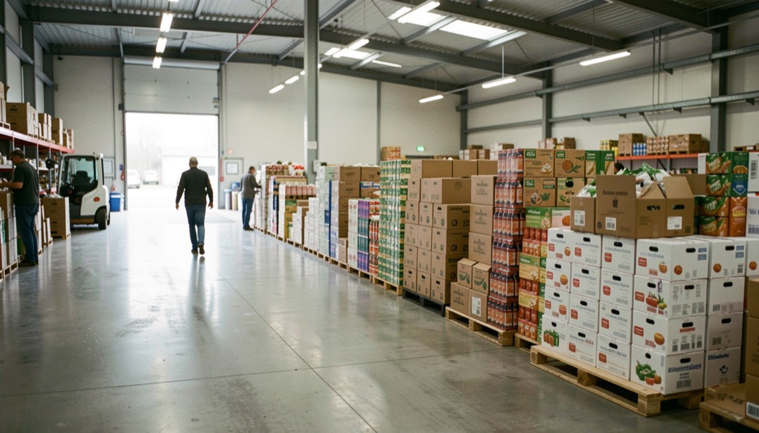Une halle agroalimentaire avec des caisses empilées le long d’un quai de chargement, sol lavé et lumière blanche