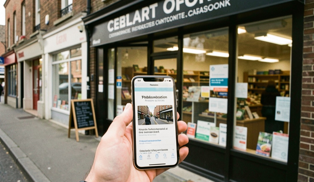 Une main tient un téléphone affichant une fiche d’établissement devant la vitrine du commerce correspondant