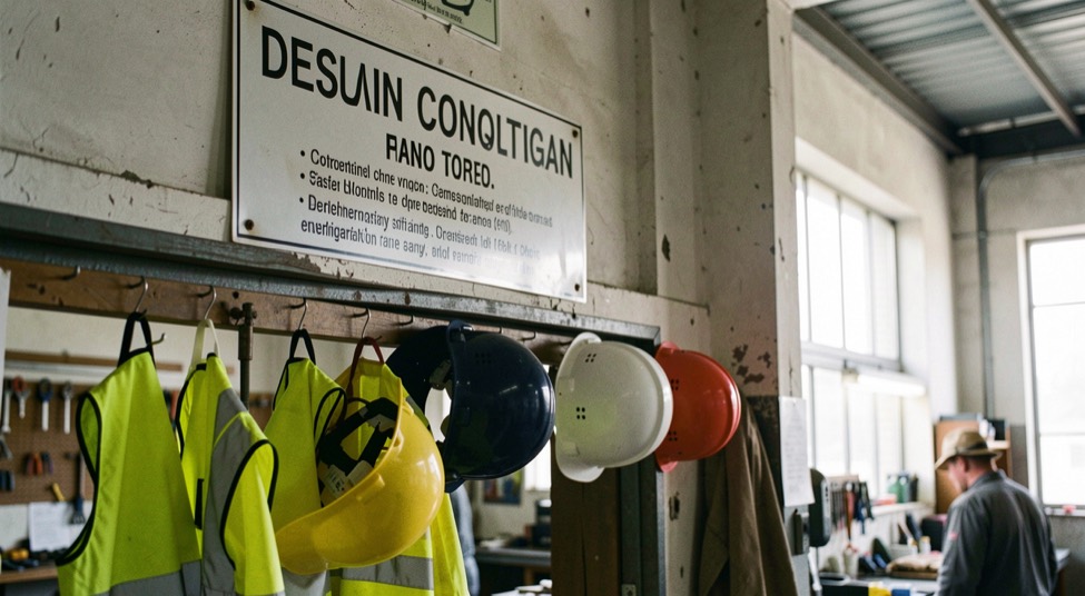 Un panneau de consignes de sécurité à l’entrée d’un atelier, casques et gilets accrochés en rangée sous le panneau