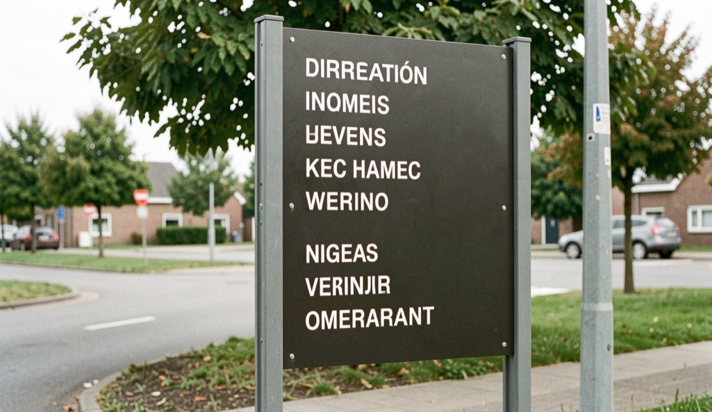 Un panneau directionnel planté à l’entrée d’une zone d’activités, listant les noms des voies internes en lettres blanches