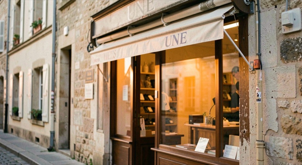 Une devanture de commerce en fin de journée, store à demi baissé et vitrine encore éclairée sur une rue piétonne
