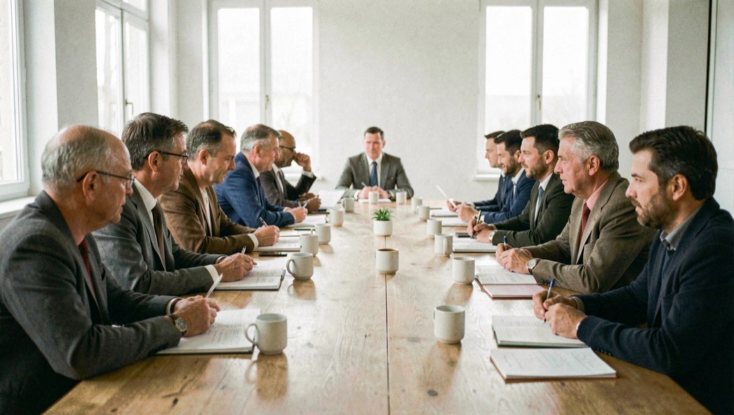 Une dizaine de dirigeants discutent autour d’une longue table, carnets ouverts et tasses posées, dans une salle claire