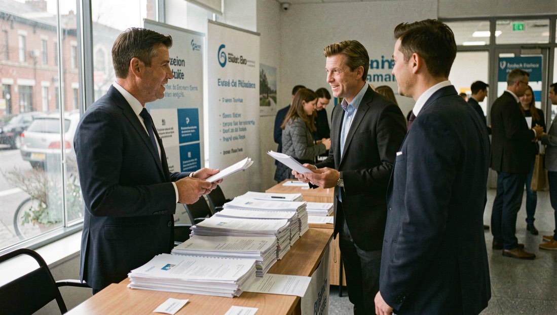 Un stand de forum de l’emploi où deux recruteurs échangent avec un candidat debout, dossiers empilés sur la table